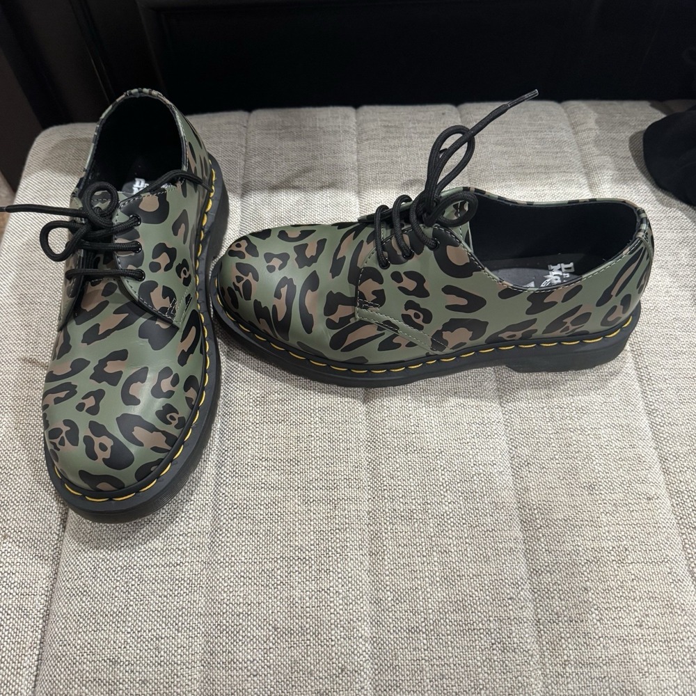 Dr Doc Martens 1461 Leopard Smooth Green Brown Boots Shoes Men's 8 Women's 9